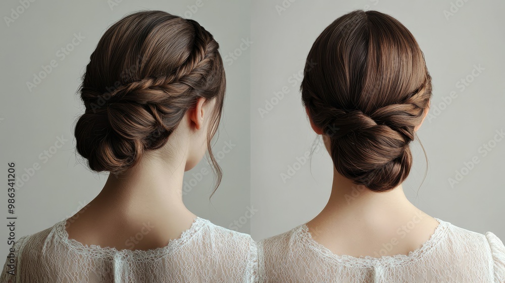 Neatly styled twisted bun with a braid, step-by-step tutorial for long hair in an elegant hairstyle photo.