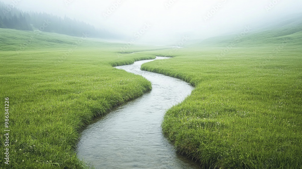 Serene Stream Flowing Through Lush Green Field Under Clear Blue Sky, Capturing the Tranquility of Natures Landscape in a Picturesque Countryside Setting Serene Stream Flowing Through Lush Green Field Under Clear Blue Sky, Capturing the Tranquility of Natures Landscape in a Picturesque Countryside Setting