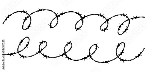 Horizontal Realistic Metal Steel Barbed Wire Elements Vector Illustration.	