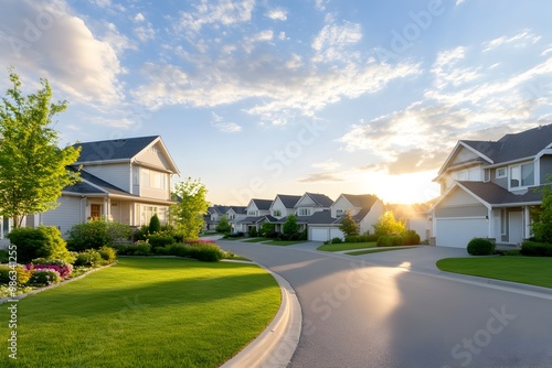 Serene Suburban Neighborhood at Peaceful Sunrise with Charming Homes and Well Manicured Lawns photo