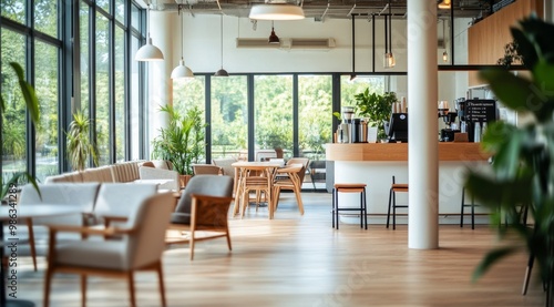 Bright and modern cafe interior with large windows and cozy seating arrangements