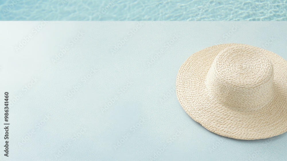 Summer Vibes: A Relaxing Scene Featuring a Colorful Hat Resting on the Edge of a Shimmering Pool Under Clear Blue Skies Summer Vibes: A Relaxing Scene Featuring a Colorful Hat Resting on the Edge of a Shimmering Pool Under Clear Blue Skies