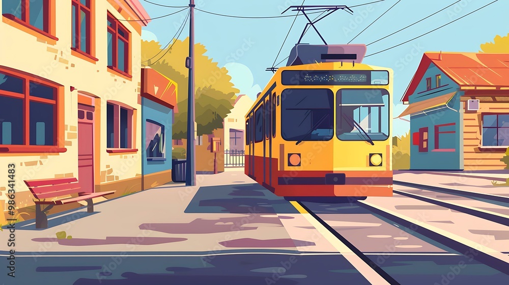 Obraz premium Yellow Tram Car in a City Street with Buildings