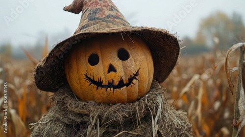 Scarecrow with a carved pumpkin head standing amidst sunflowers in an autumn ...