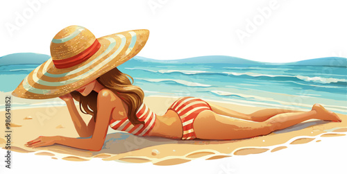 Girl laying on beach in hat vector image, isolated on white background
