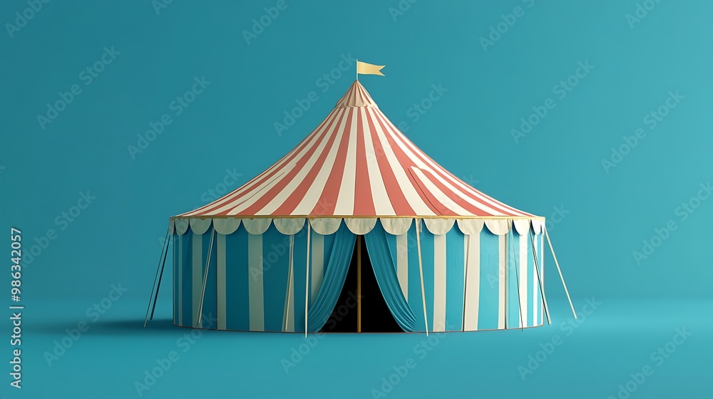 A colorful circus tent with red and white stripes set against a blue background. A colorful circus tent with red and white stripes set against a blue background.