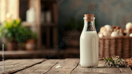 Minimalist glass milk bottle placed on a natural wooden table. Small drops of milk flow down the side of the bottle, adding charm to the bottle. Clean design and soft lighting