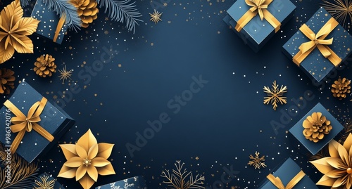 Elegant blue and gold holiday gifts arranged with decorative elements on a fe...