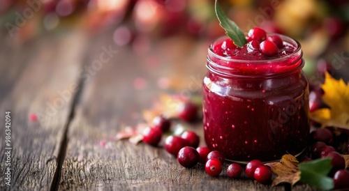Freshly made cranberry jam in a jar on a rustic wooden table with autumn leaves