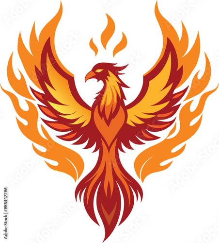 A phoenix rising from flames against a whit background