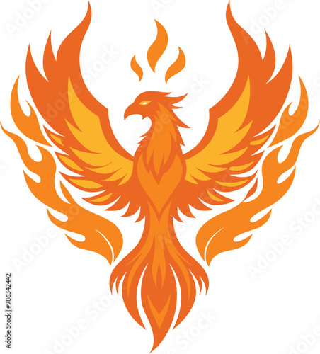 A phoenix rising from flames against a whit background