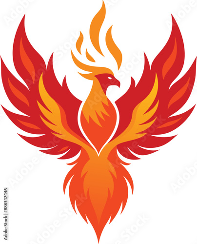 A phoenix rising from flames against a whit background