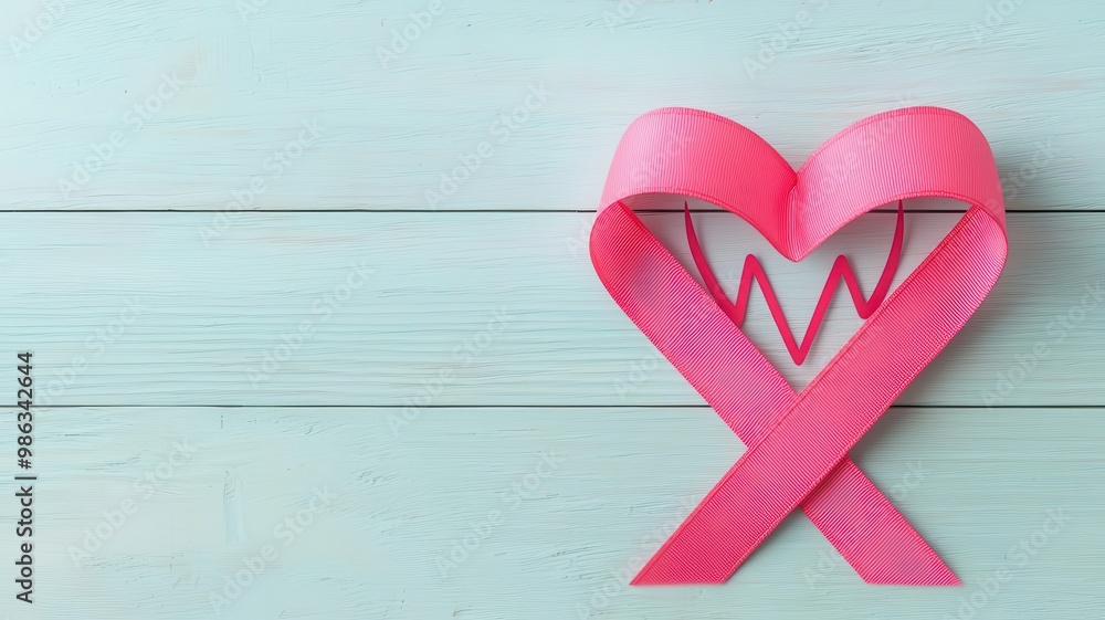 Fototapeta premium Pink ribbon in the shape of a heartbeat, symbolizing life and survival in breast cancer awareness