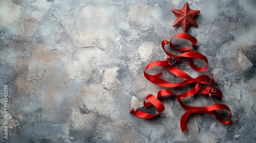 Creative arrangement of red ribbons and decorations resembling a Christmas tr...