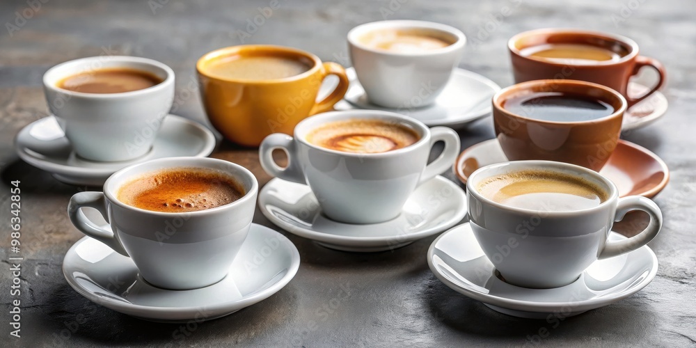 A variety of espresso cups filled with espressos of all sizes A variety of espresso cups filled with espressos of all sizes