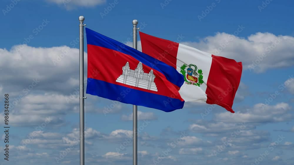 Peru and Cambodia flags flying together, video concept of the relationship, two country cooperation concept Peru and Cambodia flags flying together, video concept of the relationship, two country cooperation concept