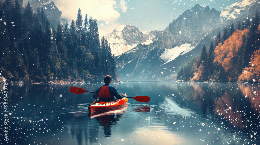 A person kayaking in lake water in winter with snow mountain A person kayaking in lake water in winter with snow mountain