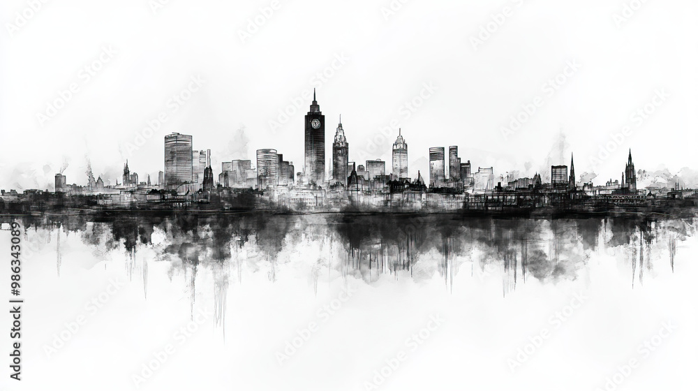 Fototapeta premium Manchester, New Hampshire, black and white pen pencil hand-drawn effect drawing illustration for travel poster, card, wallpaper, backdrop or banner. Modern, clear, artistic and simple