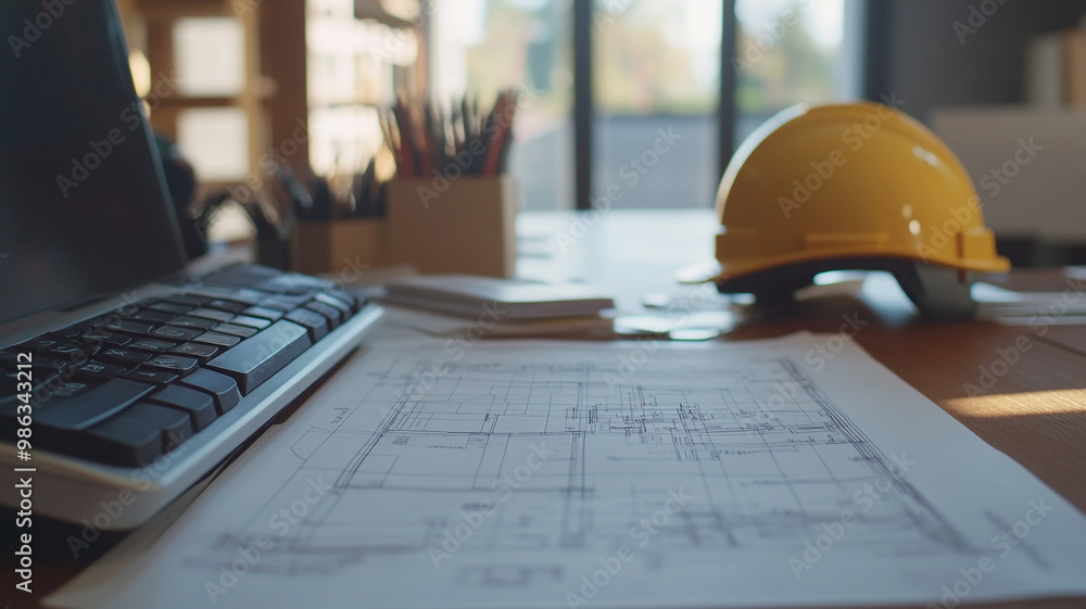 Construction plans and tools on a desk with a yellow hard hat in a well-lit office environment Construction plans and tools on a desk with a yellow hard hat in a well-lit office environment