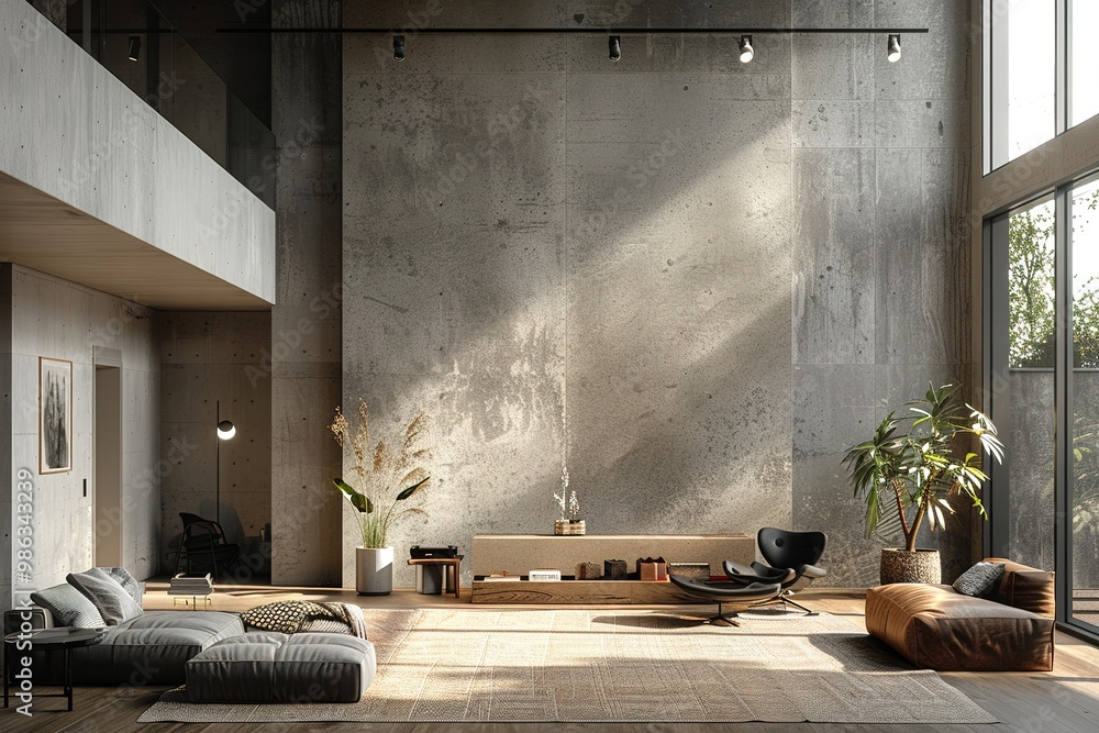 Image showcasing Creating a model of a modern loft living room with a concrete textured ...