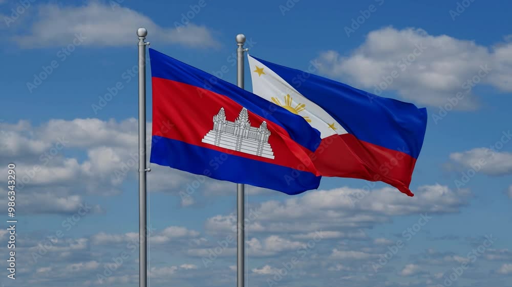 Philippines and Cambodia flags flying together, video concept of the relationship, two country cooperation concept Philippines and Cambodia flags flying together, video concept of the relationship, two country cooperation concept