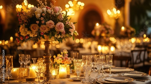 Romantic wedding reception hall with tables set with elegant floral arrangements and soft candlelight. Warm, inviting atmosphere.