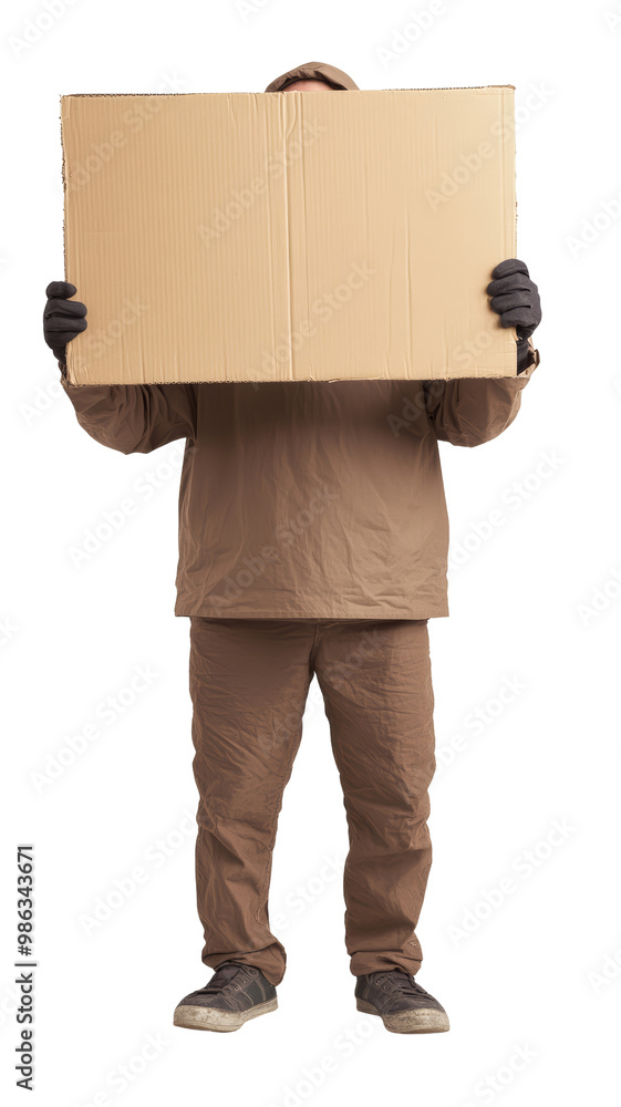 Delivery person holding a large cardboard box, dressed in brown uniform and black gloves, isolated on white background. Delivery person holding a large cardboard box, dressed in brown uniform and black gloves, isolated on white background.