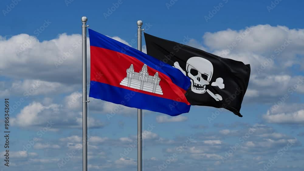 Cambodia and Jolly Roger or pirate flags flying together, video concept of the relationship Cambodia and Jolly Roger or pirate flags flying together, video concept of the relationship