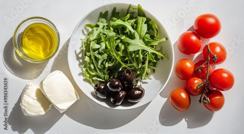 Fresh ingredients for a delicious salad, featuring greens, tomatoes, olives, ...