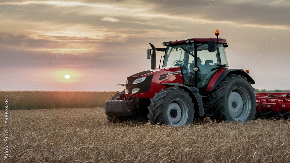 A peaceful landscape showcasing a tractor in a field at sunrise, emphasizing the harmony of agricultural life and the beauty of nature. A peaceful landscape showcasing a tractor in a field at sunrise, emphasizing the harmony of agricultural life and the beauty of nature.