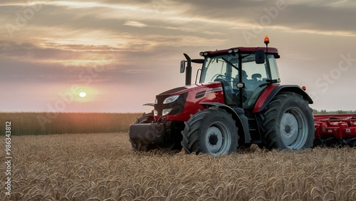 A peaceful landscape showcasing a tractor in a field at sunrise, emphasizing the harmony of agricultural life and the beauty of nature.