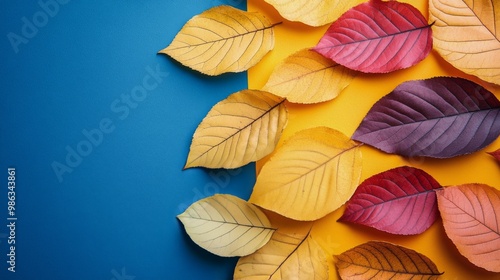 Vibrant yellow autumn leaves scattered across a textured blue background in n...
