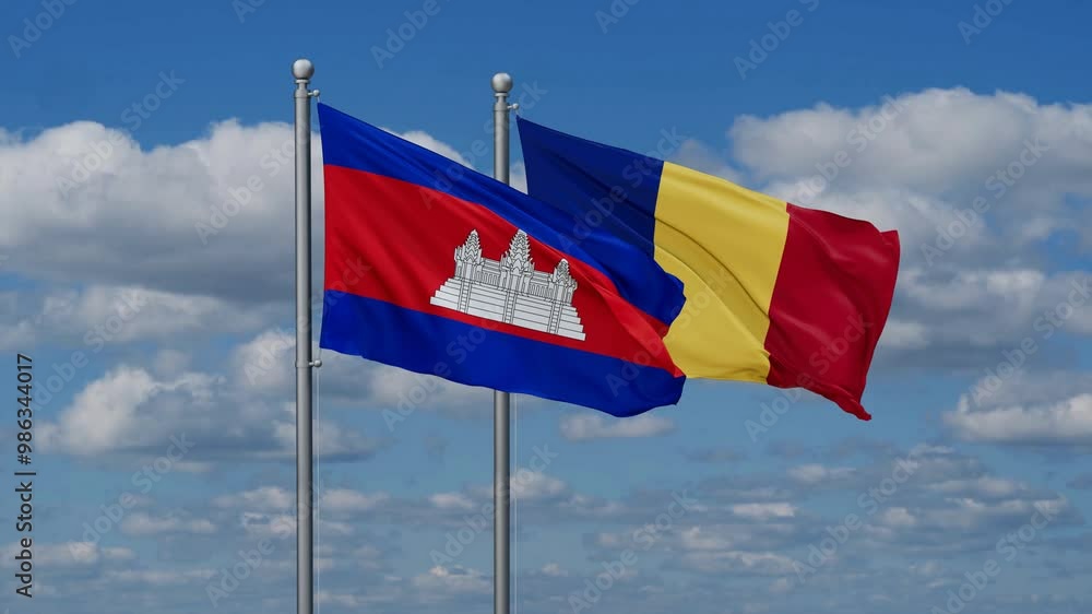 Romania and Cambodia flags flying together, video concept of the relationship, two country cooperation concept Romania and Cambodia flags flying together, video concept of the relationship, two country cooperation concept
