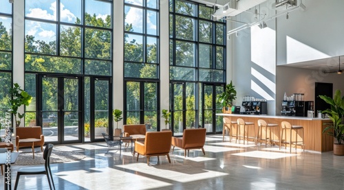 Bright and modern cafe interior with large windows and cozy seating arrangements