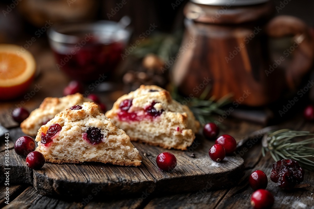 Christmas cookies with dried berries on wooden table, close-up festive treat Christmas cookies with dried berries on wooden table, close-up festive treat
