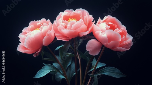 Delicate pink peonies in a dark setting showcasing vibrant blooms and lush gr...