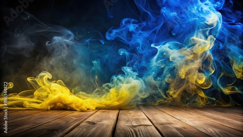 Yellow and blue smoke swirls on dark background with wooden floor illuminated by lights