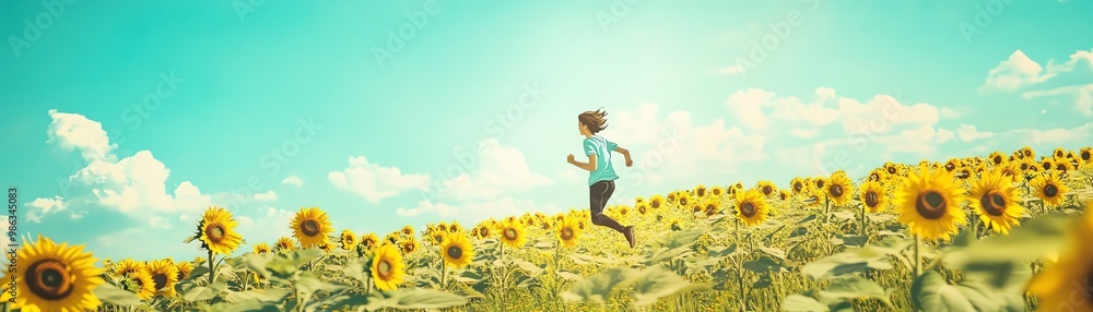 Child runs joyfully through sunflower field Child runs joyfully through sunflower field