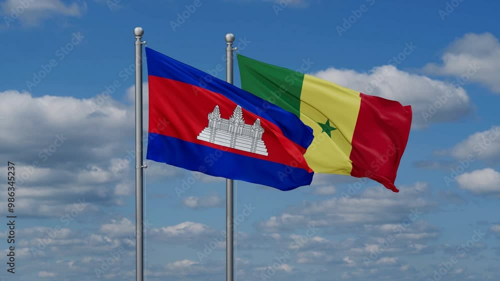 Republic of Senegal and Cambodia flags flying together, video concept of the relationship, two country cooperation concept Republic of Senegal and Cambodia flags flying together, video concept of the relationship, two country cooperation concept