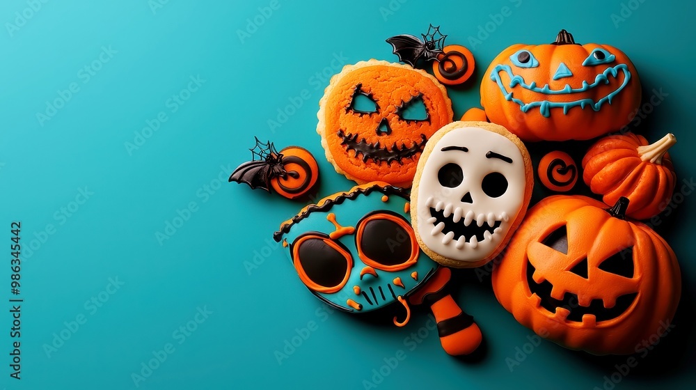 Halloween Treats and Decor Display, a flat-lay arrangement featuring Jack-o'-lantern cookies, spooky masks, festive decorations, inviting creativity for themed content. Halloween Treats and Decor Display, a flat-lay arrangement featuring Jack-o'-lantern cookies, spooky masks, festive decorations, inviting creativity for themed content.