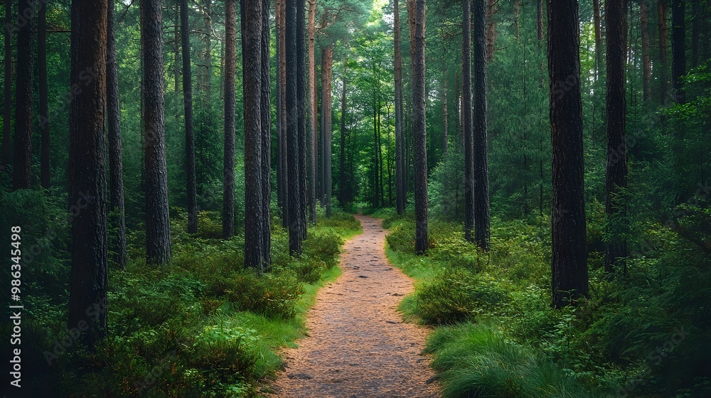 Naklejka premium Narrow Winding Trail Through Towering Pine Forest Landscape