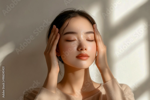 An attractive woman applies skincare, gently touching her face and temples. photo