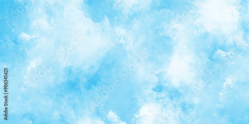 Beautiful painted cloudy natural blue watercolor cloudy sky clouds, Watercolor stain with hand paint pattern on blue canvas, Clouds and mist background on blue, Creative vintage light sky.