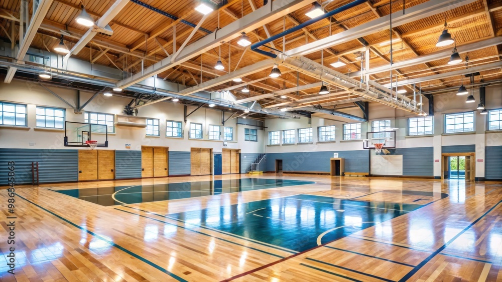 Wide gym interior of a public school with basketball hoops, bleachers, and shiny floors Wide gym interior of a public school with basketball hoops, bleachers, and shiny floors