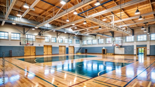 Wallpaper Mural Wide gym interior of a public school with basketball hoops, bleachers, and shiny floors Torontodigital.ca