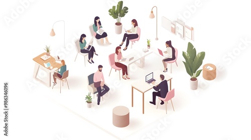 Wallpaper Mural Isometric vector illustration of people in an office, working together at tables and desks, against a white background. Torontodigital.ca