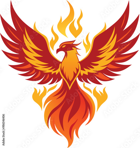 A phoenix rising from flames against a whit background