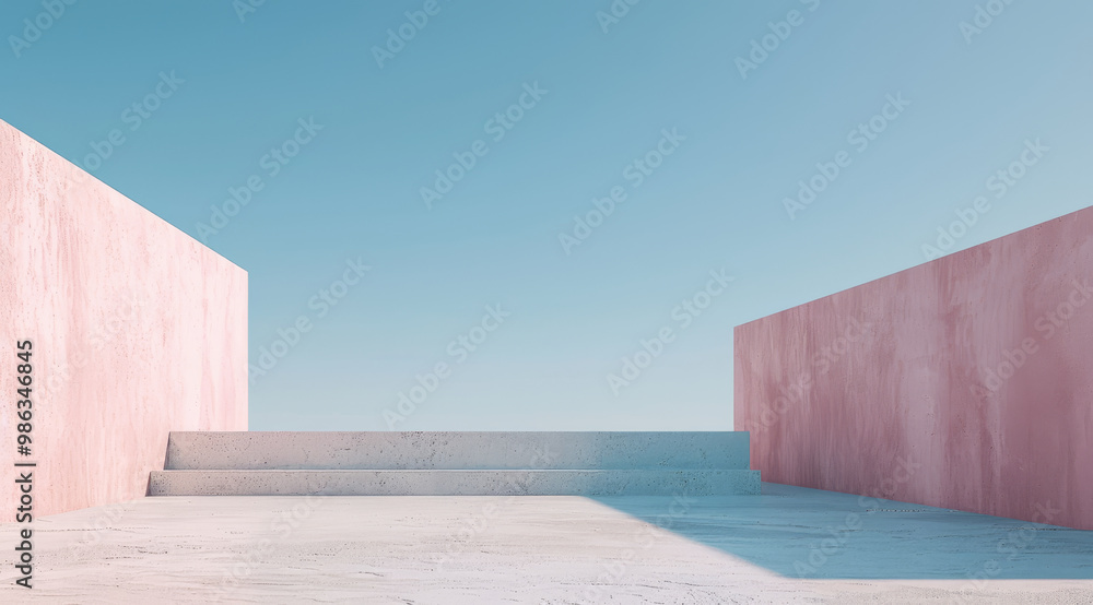 Obraz premium A serene architectural space featuring soft pink walls and clear blue sky, creating tranquil atmosphere. minimalist design invites contemplation and peace