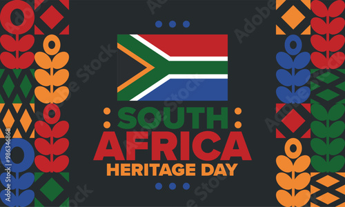 South Africa Heritage Day. Happy holiday. Celebrate culture and traditions of nation. South African flag. Poster with illustration. Pattern design. Vector