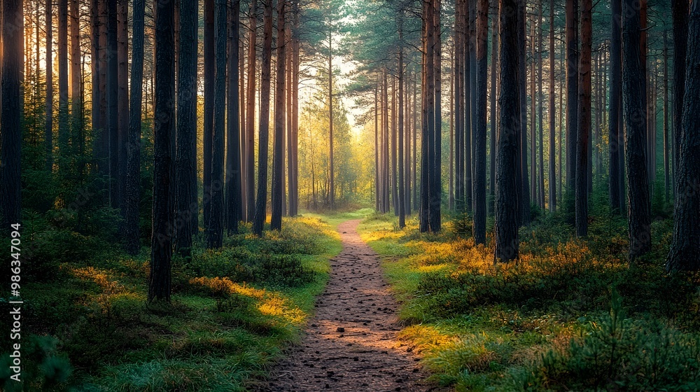 Fototapeta premium Narrow Path Through Enchanting Pine Forest with Towering Trees and Soft Sunlight